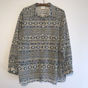 Alfred Dunner Women's  18W Tan‎ & Blue Sheer Blouse Long Sleeve Button-Up Top